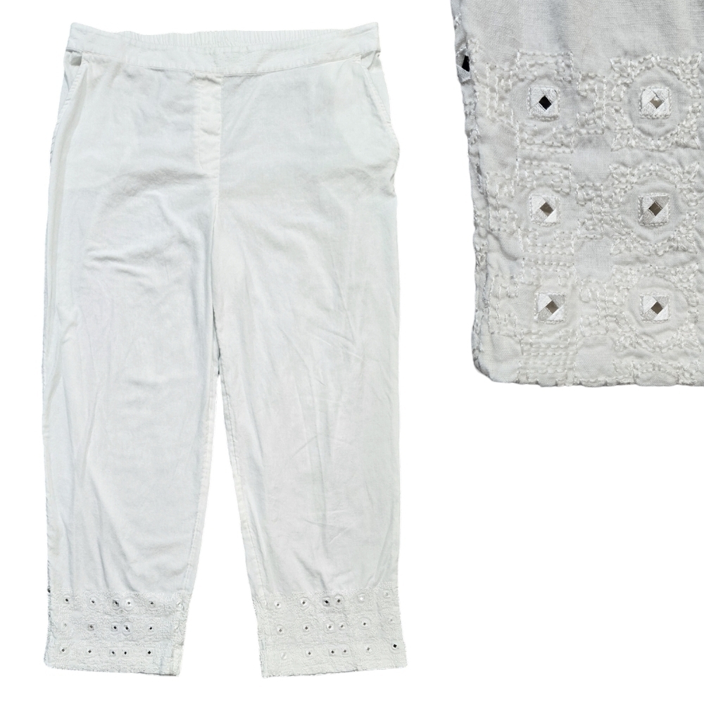 Chico's Linen Blend White Pull On Ankle Pants Embroidered Hem Pockets Boho